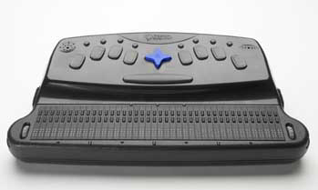 Photos of the PAC Mate with a braille keyboard and without (top) and with (bottom) a braille display.