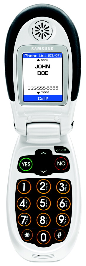 The Jitterbug Dial clamshell-style phone is open and the screen shows the name and phone number as a listing in the user's phone list. At the bottom of the screen is the prompt “Call?”