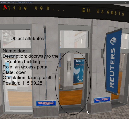A screenshot of the entrance to the Reuters building is shown with a circle around it. Next to the door is a list of accessibility attributes as follows: name: door, description: doorway to the Reuters building, role: an access portal, state: open, orientation: facing south, position: 115.99.25.