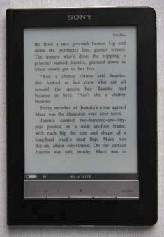 The Sony Book Reader showing text from a book on its e-ink display.