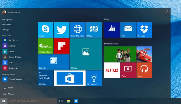 An image of the new Windows 10 Start menu