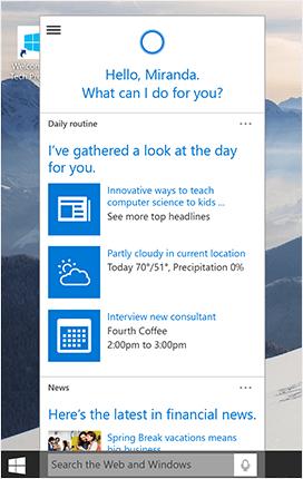 An image of the Cortana Screen in Windows 10