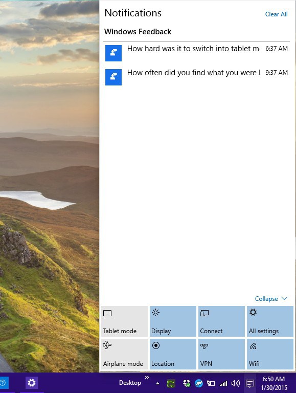 An image of the Notifications view in Windows 10