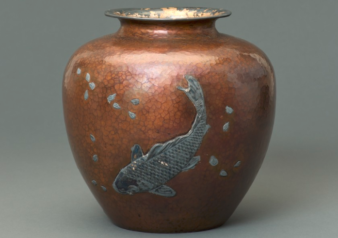 Copper vase inlaid with silver carp and cherry blossoms, gift from the City of Hiroshima. November 13, 1947