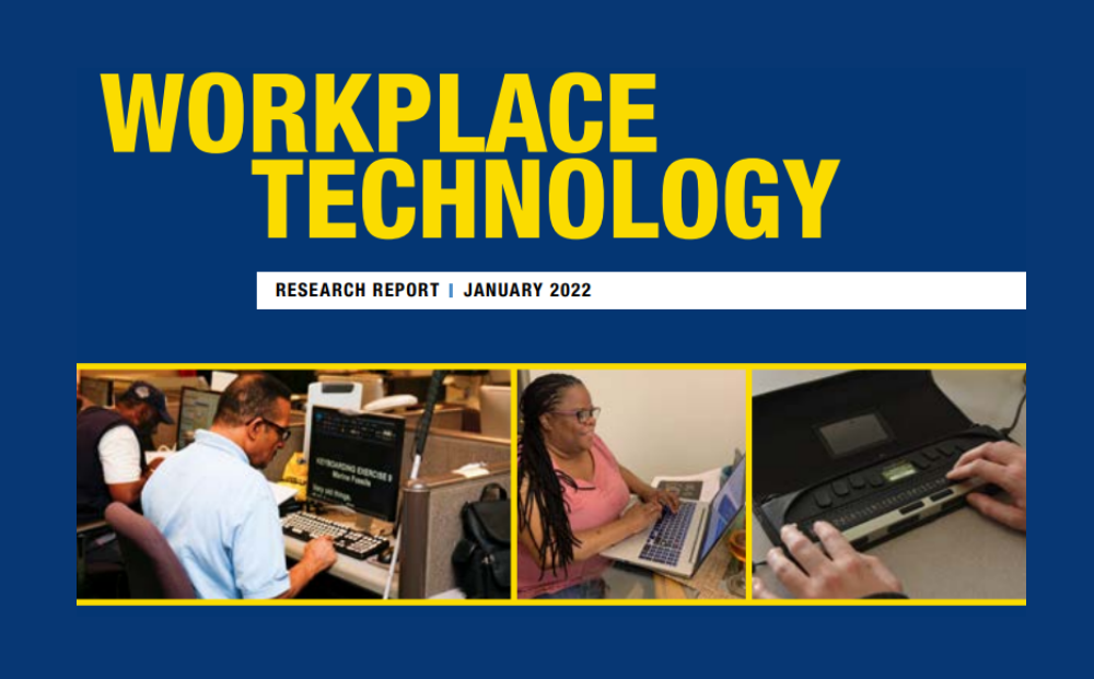 Image: Collage of people using technology in a workplace setting. Text: Workplace technology. Research report January 2022. 