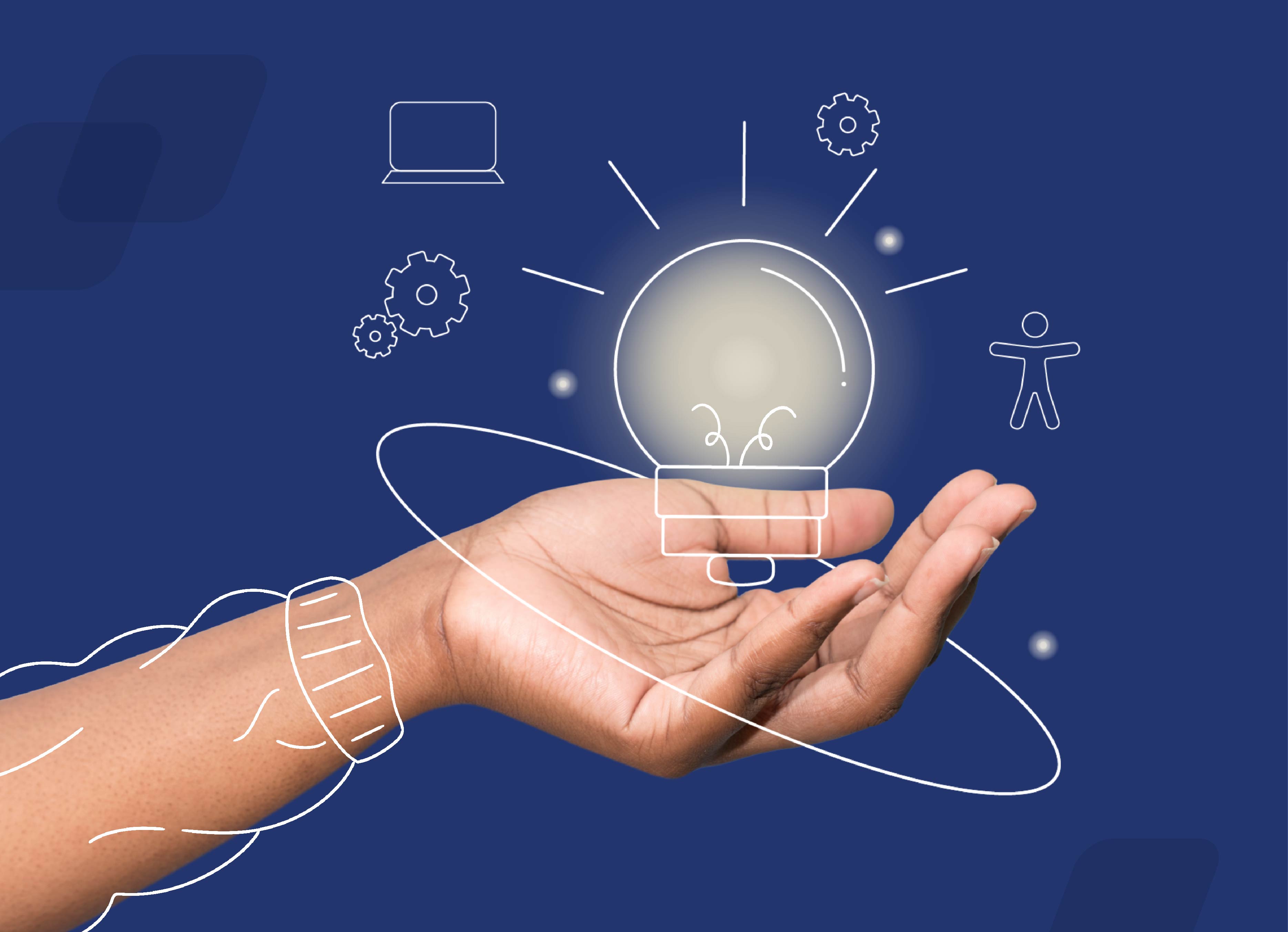 Open palm holding a hovering lightbulb drawn over with various icons around 