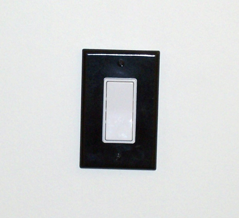 Example of a contrasting light switch. The wall is white, the switch plate is black, and the light switch itself is white.