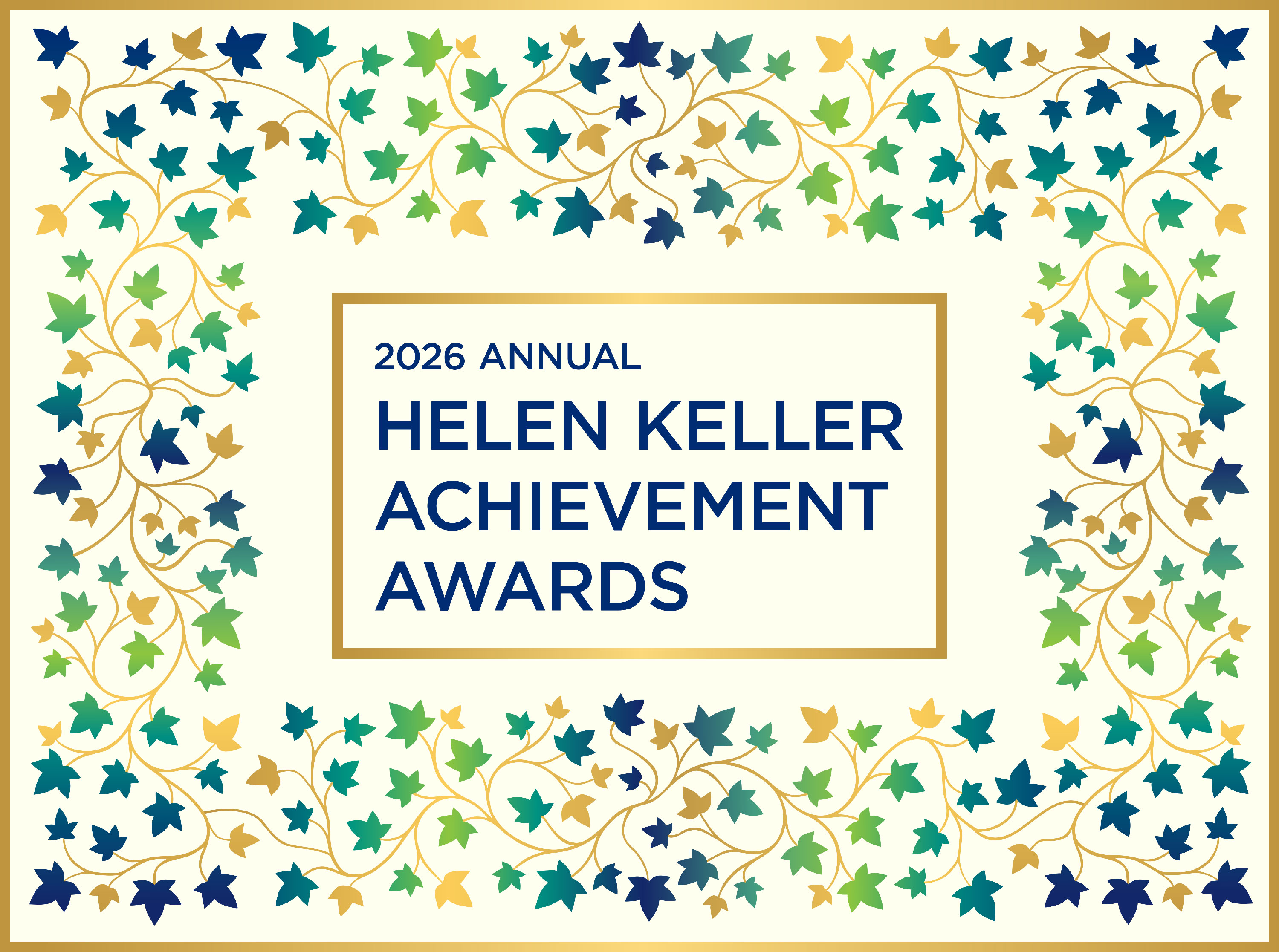 2026 Annual Helen Keller Achievement Awards. Green, blue, and gold ivy on an ivory background.