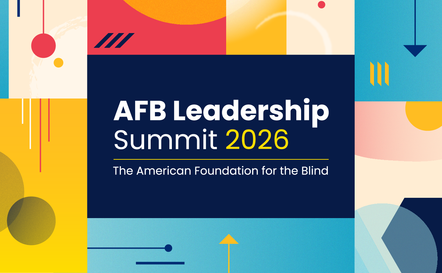 A colorful border with bold shapes frames the text "AFB Leadership Summit 2026."